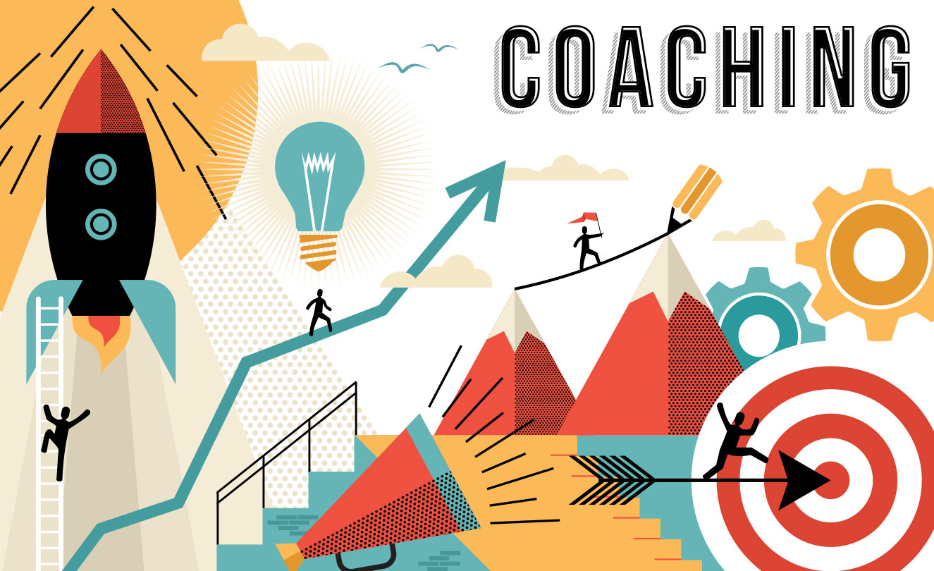A colorful graphic about coaching with a bullseye, light bulb, rocket ship